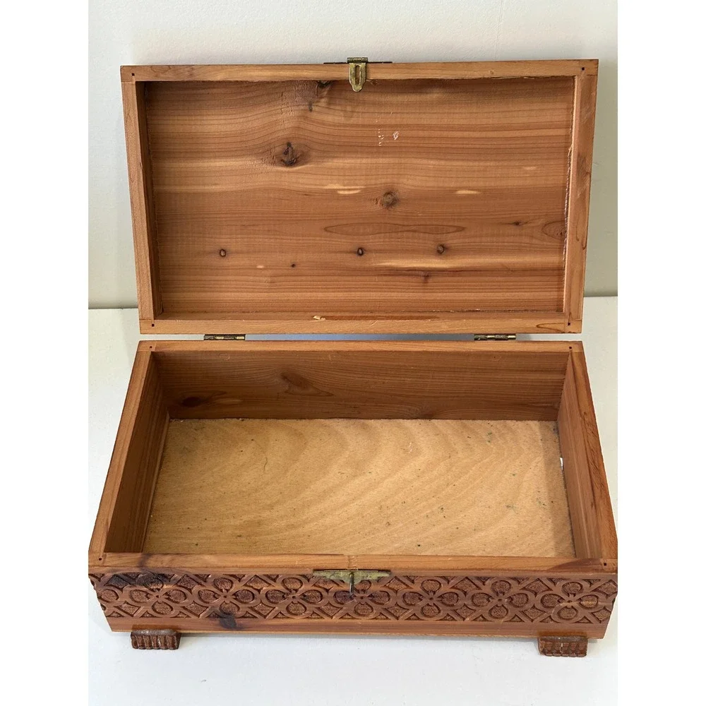 Vintage Wooden Jewelry Box Landscape Scenic Carved Latch Hinged